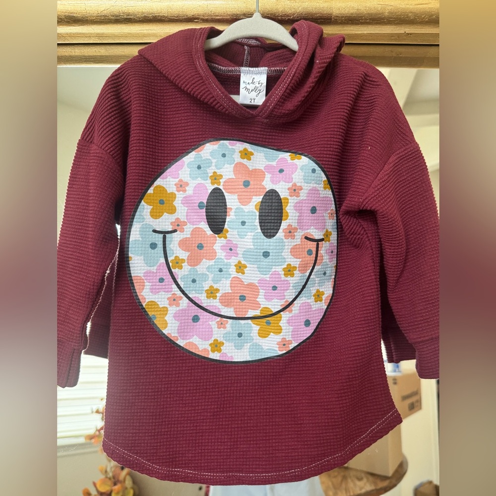 Kids Burgundy Smiley Face Hoodie Set